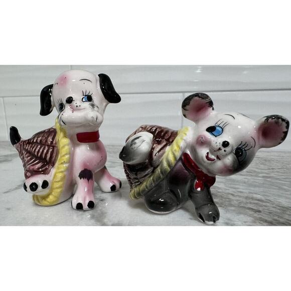 Vintage Japan Rare Dogs In Basket Salt Pepper Shaker Set Kitschy - Picture 2 of 8